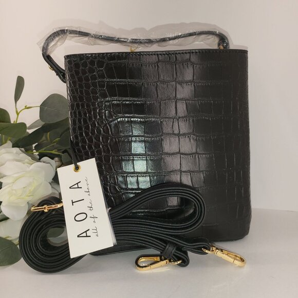Aota Handbags - Aota Black Crocodile Pattern Vegan Leather Bucket Bag Gold Hardware & Adjustable